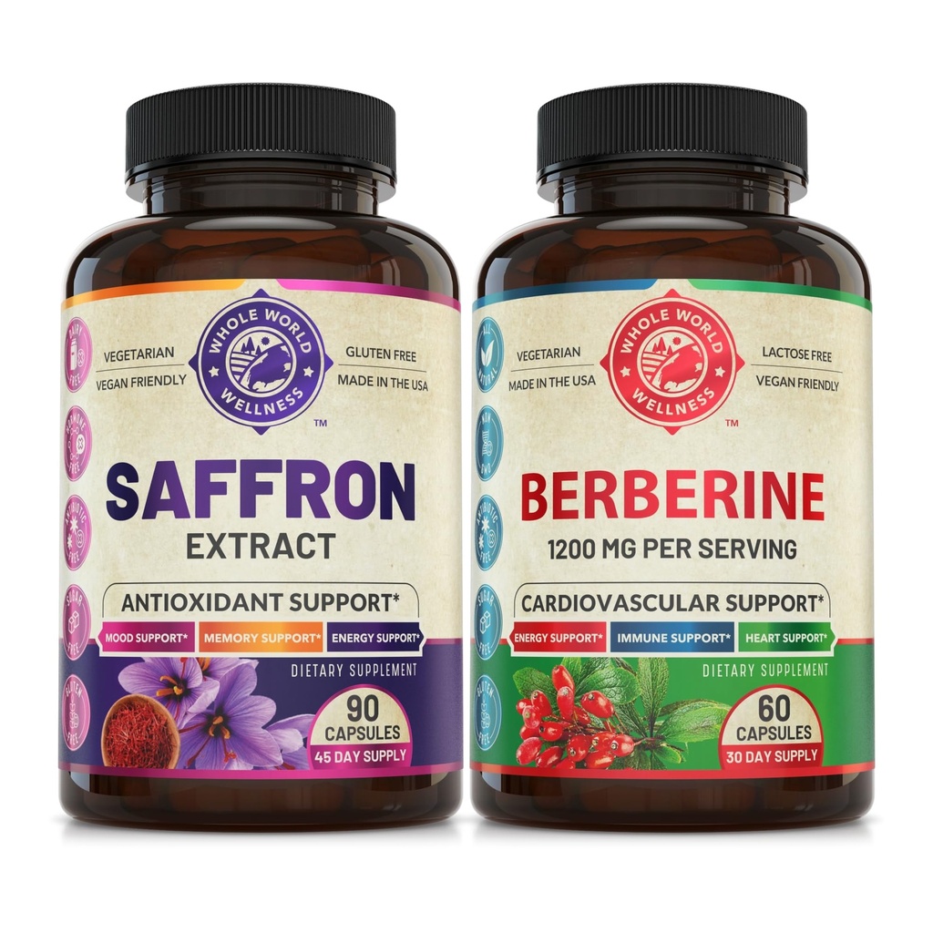 Pure Saffron Extract & Premium Berberine Bundle (One Bottle Each). Supports Mood, Energy Boost, Metabolic Function. USA Made.