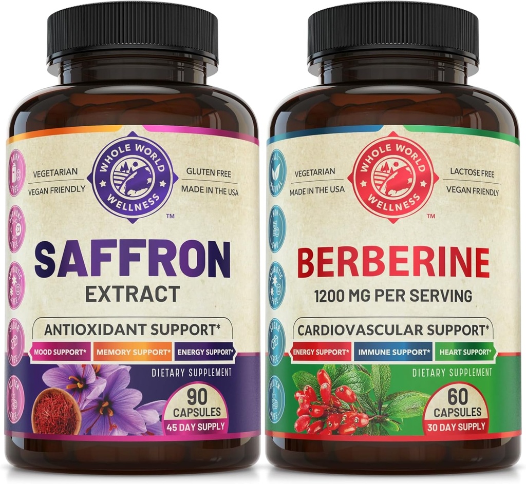 Pure Saffron Extract & Premium Berberine paket (ena steklenica vsak). Podpira Mood, Energy Boost, Metabolic funkcijo. USA Made.
