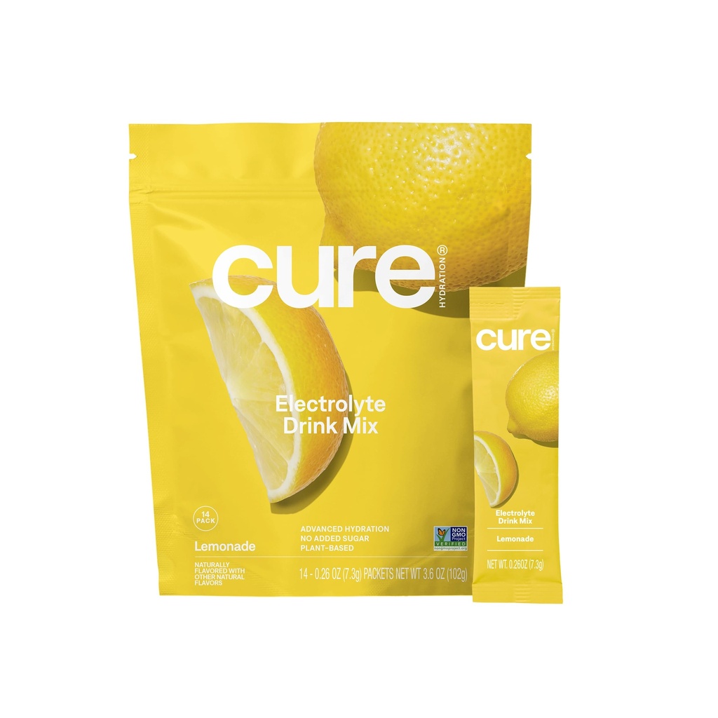 Cure Hydration - Electrolyte Drink Powder Lemonade 14 Packets | Plant-Based Dehydration Relief Mix Made with Coconut Water, No Added Sugar, Vegan, Non-GMO, Gluten Free, FSA-HSA Eligible