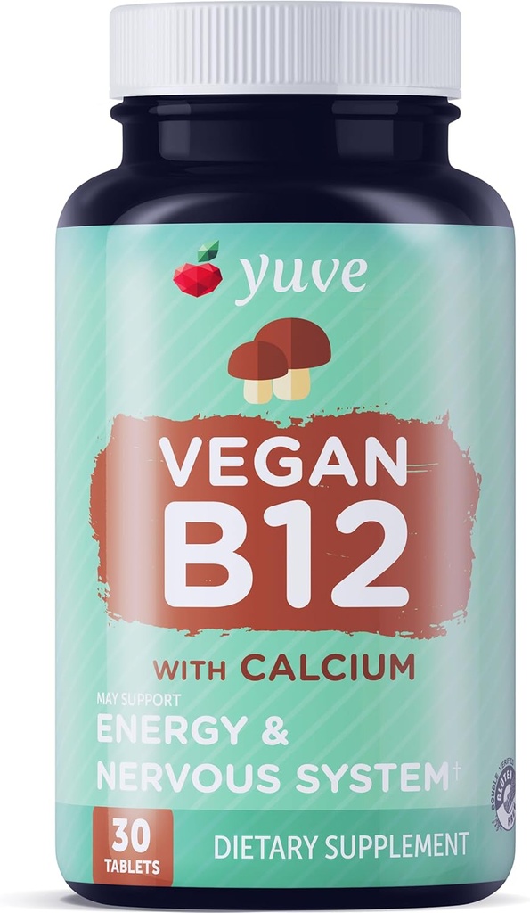 Yuve Vegan B12 con calcio para absorción máxima - Energía activa y sistema nervioso central Soporte - 1000mcg Cobalamin Vitamina B 12 - Natural, No GMO, Libre de gluten, Libre de azúcar - 30 Tabs