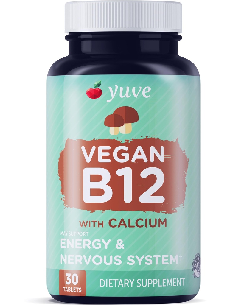 Yuve Vegan B12 with Calcium for Maximum Absorbption - Active Energy & Central Nervous System Support - 1000mcg Cobalamin Vitamin B 12 - Natural, Non-GMO, Gluten-Free, Sugar-Free - 30 Tabs