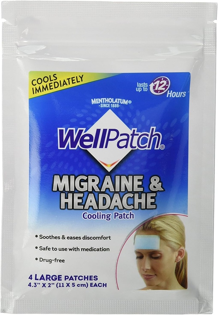 WellPatch Migraine ' Head chilling Patch - Drug Free, lasts up to 12 hours, Safe to Use with Medication - Large Patches (4 Large Patches), each 4.3 x 2 in