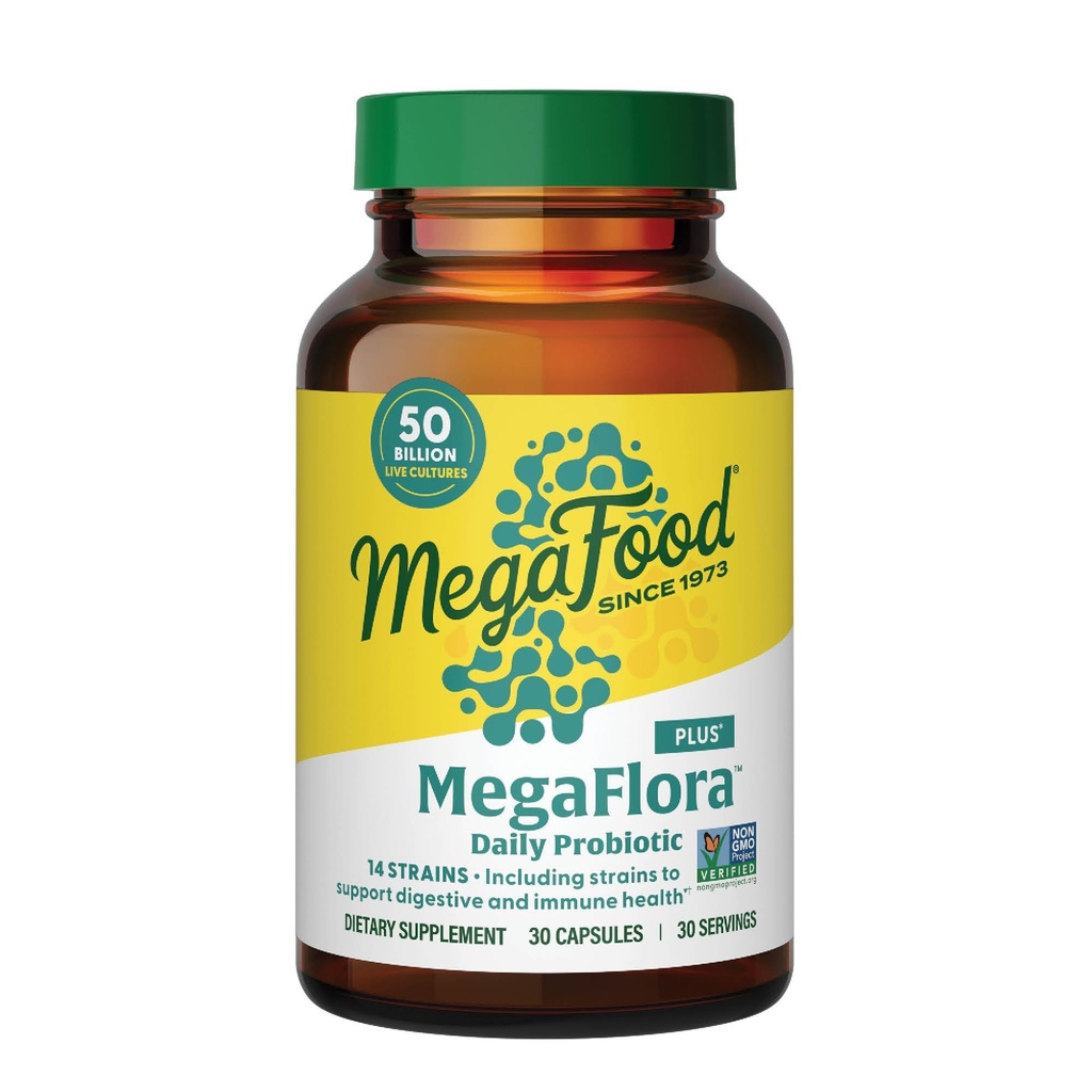 MegaFood MegaFlora Probiotic Plus - Probiotics for Women and Men Digestive Health- 50 Billion CFUs & 14 Strains - Immune Support Supplement - Vegetarian - 30 Capsules
