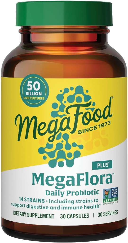 MegaFood MegaFlora Probiotic Plus - Probiotikumok nők és férfiak számára Digestive Health- 50 milliárd CFU & 14 Strains - Immuntámogató kiegészítés - vegetáriánus - 30 kapszula