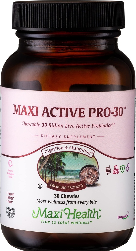Maxi Health® Kids Probiotic 30 Billion CFU, Bubble Gum (30 Count) | Kosher | 15-Strain Kids Probiotic | Digestive & Immune Support | Vegan · Bubble Gum Flavor | Doctor Formulated