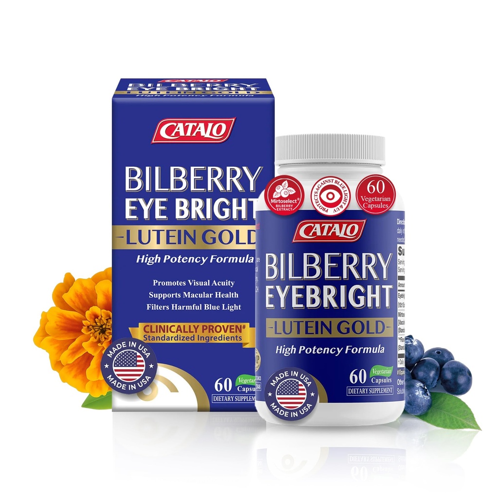 CATALO Bilberry Eyebright Extract Gold - for Fatigue & Blurry Vision - Eye Vitamins with Bilberry Lutein and Zeaxanthin Supplements for Eye Clarity -Halal - 60 Capsules