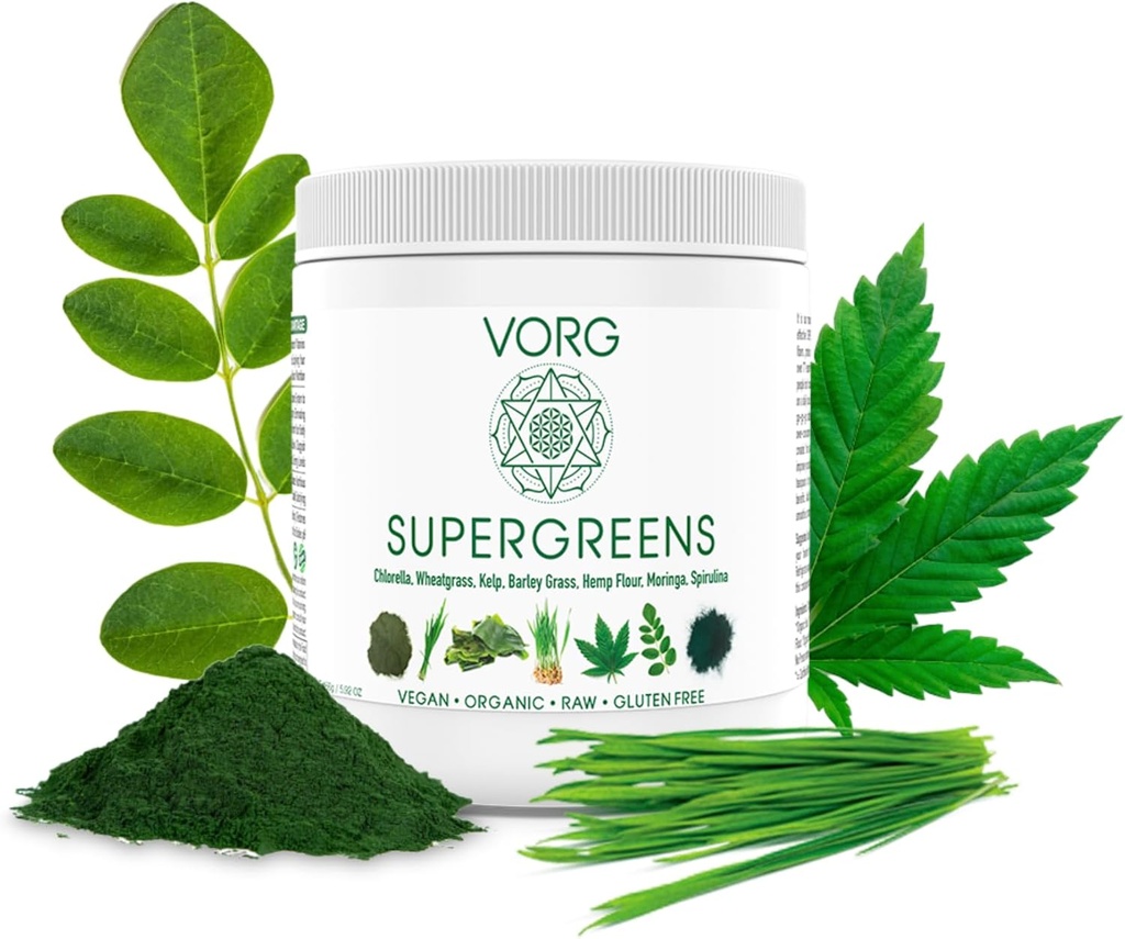 VORG SuperGreens - #1 Green Superfood Powder with Chlorella, Barley Grass, Moringa, Kelp, Spirulina, Wheatgrass - 100% Organic - Probiotics, Fiber & Enzymes (1 Week Supply)