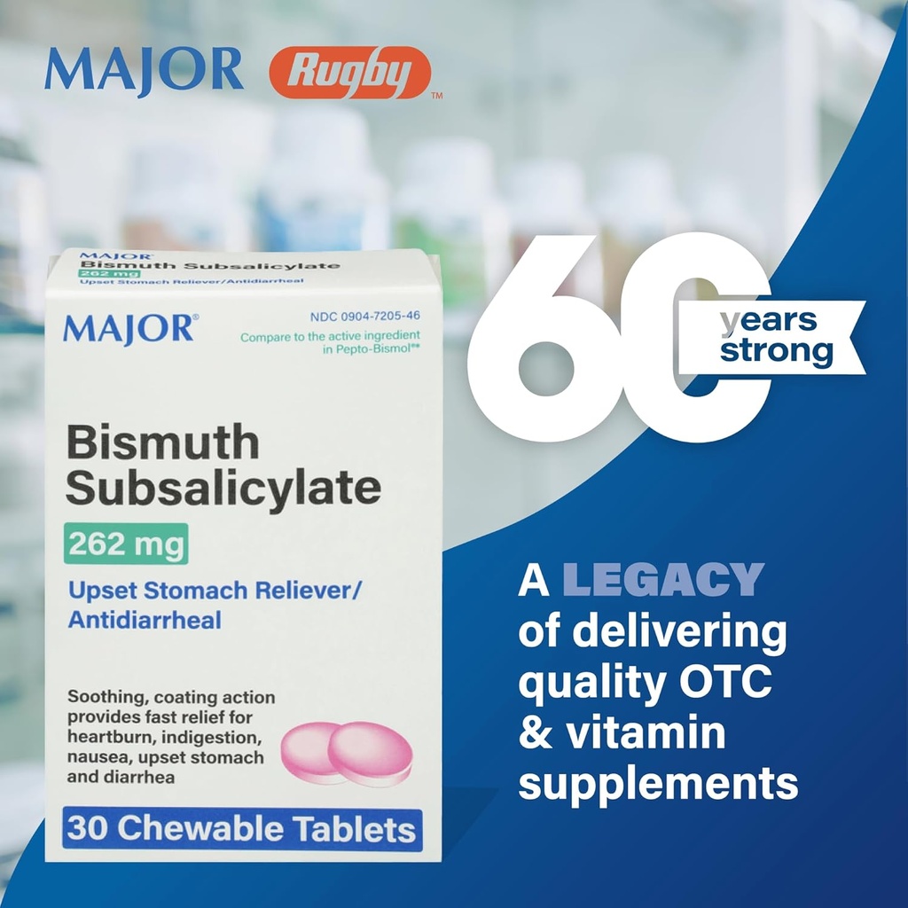 MAJOR Bismuth Subsalicylate 262mg Chewables - Offre bruciore di stomaco, indigestione, Nausea, Diarrea e Upset Stomach Relief - Antidiarrheal - 30 compresse masticabili