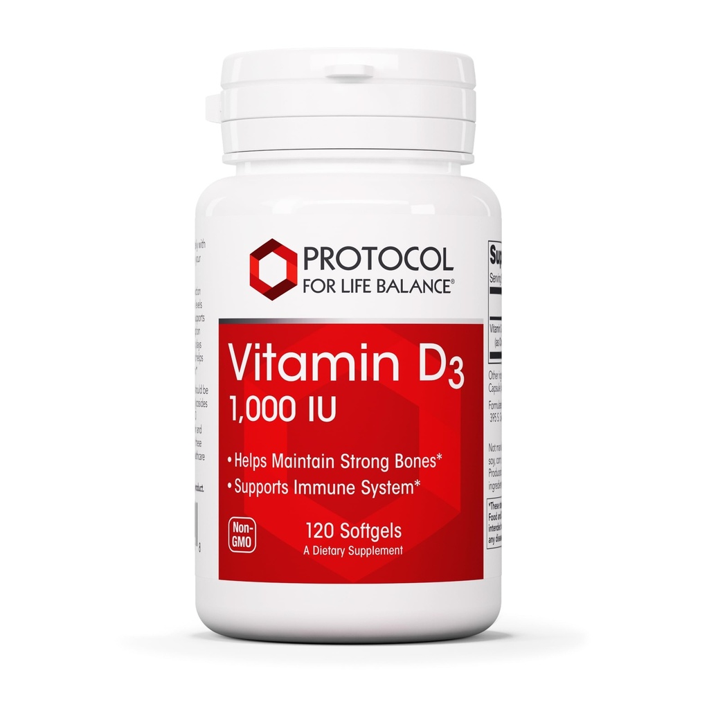 PROTOCOL FOR LIFE BALANCE Vitamin D3 1,000 IU - Immune Support Strong Bones and Teeth - 120 Softgels