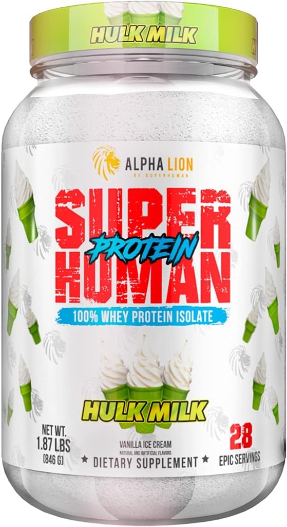ALPHA LION Superhuman Whey Protein Powder, Great Tasting Pure Whey Protein Isolate, Carbo basso, Basso zucchero, Nessun Bloat Post Workout, Muscle Recovery & Growth (28 Servings, Hulk Milk)