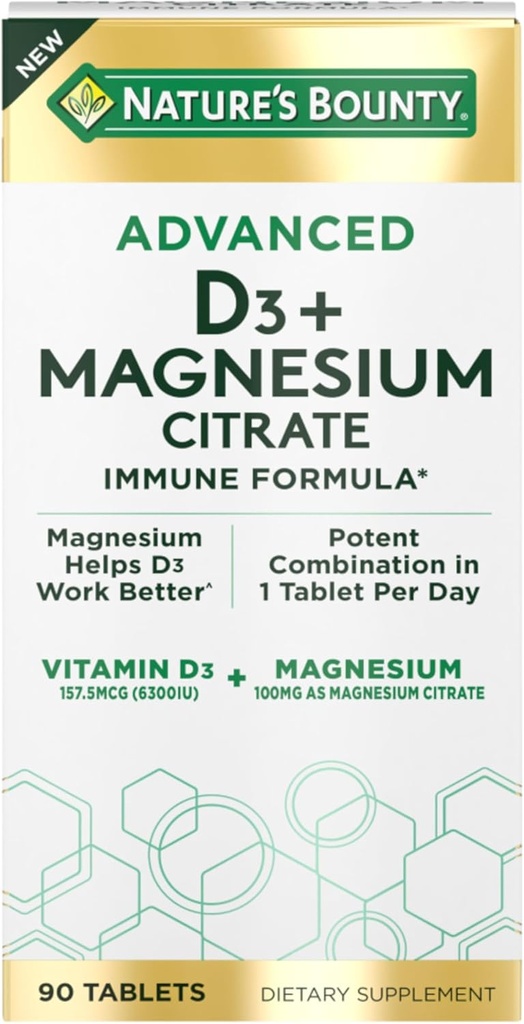Vitamina D3 Avanzata di Bounty della Natura con Formula Immune Citrato Magnesio, Supporta Immune e Salute di Bone, 90 compresse
