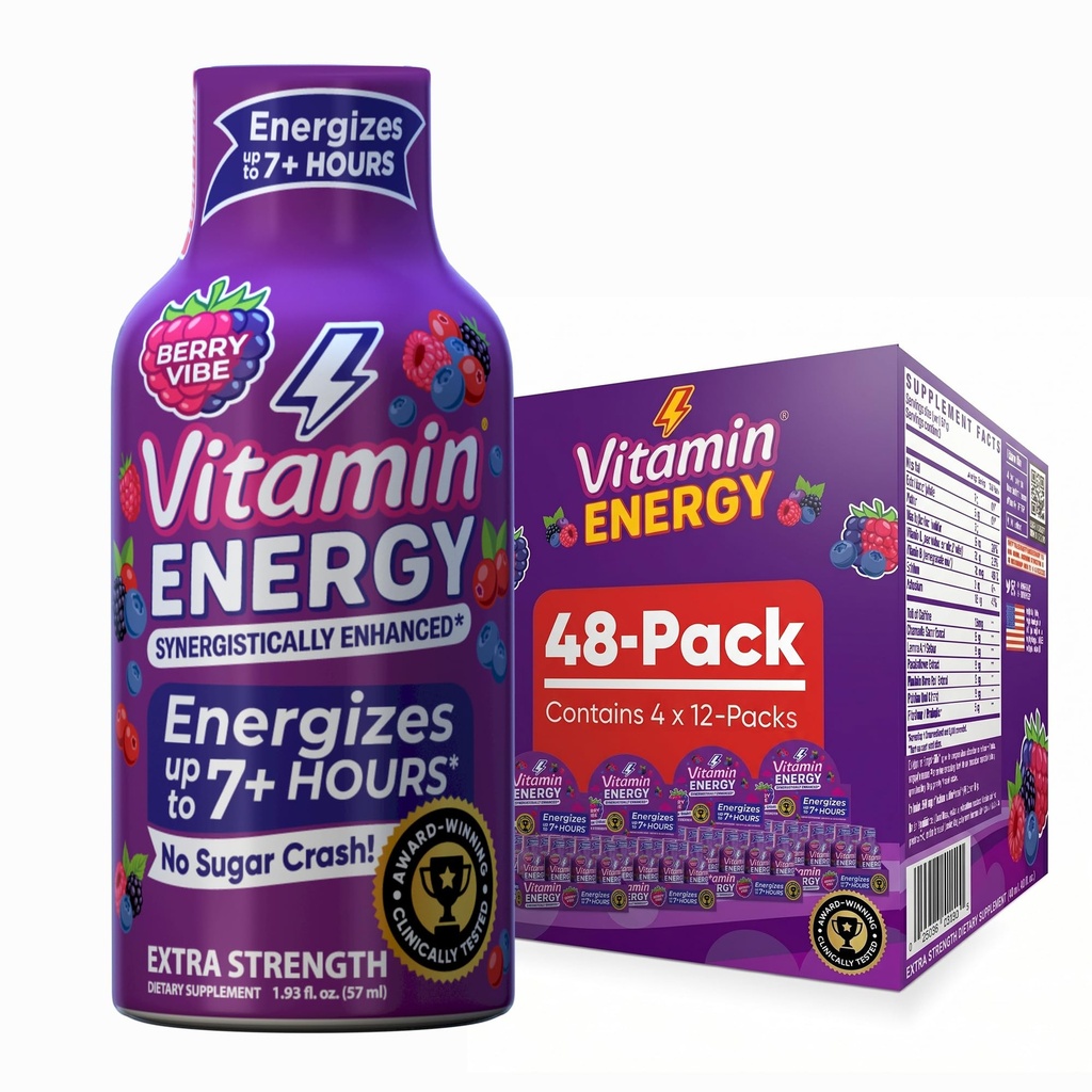 Vitamin Energy Mood+ Extra Strength Energy Shot Tropical Berry 48 Pack, 260mg Natural Caffeine, B-Vitamins, Rhodiola, Chamomile, Mood & Energy Support, Zero Sugar, Gluten-Free, Vegan, 1.93 fl oz
