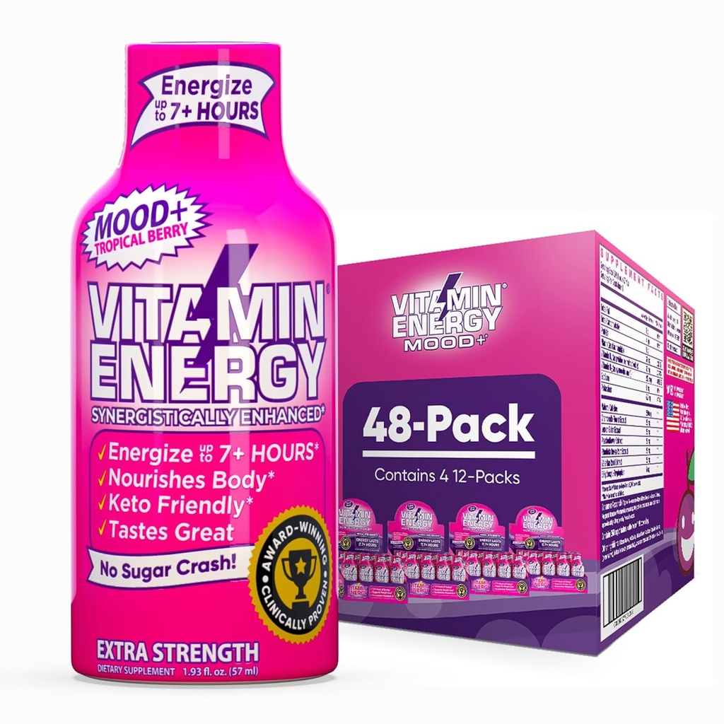 Vitamin Energy Mood+ Extra Strength Energy Shot Tropical Berry 48 Pack, 260mg Natural Caffeine, B-Vitamins, Rhodiola, Chamomile, Mood & Energy Support, Zero Sugar, Gluten-Free, Vegan, 1.93 fl oz