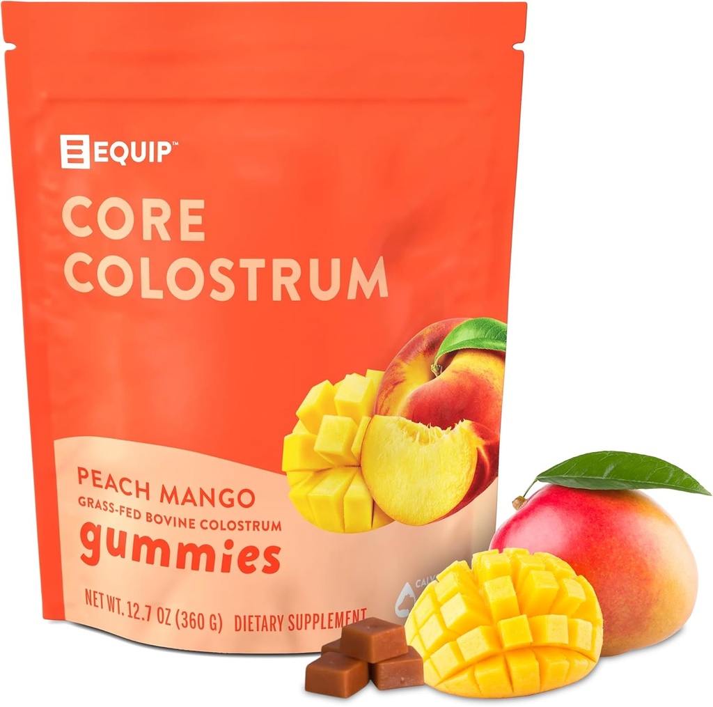 Equip Foods Core Bovine Colostrum Gummies, Delicious 1g Per Seving Grass Fed Colostrum Supplement - Gut Health, Immunity, Herstel, Hair & Skin - 60 Bovine Colostrum Gummies, 30 Servings, Peach Mango
