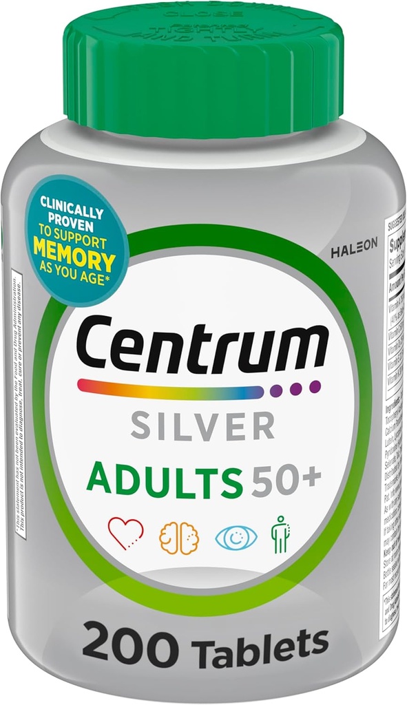 Centrum Silver Multivitaminas suaugusiems 50 Plus, Multivitaminas / Multimineralinis papildas, vitaminas D3, B vitaminai, Gluten Free, ne GMO ingredientų, Palaiko atminties ir kognicija vyresnio amžiaus suaugusiems - 220 Ct