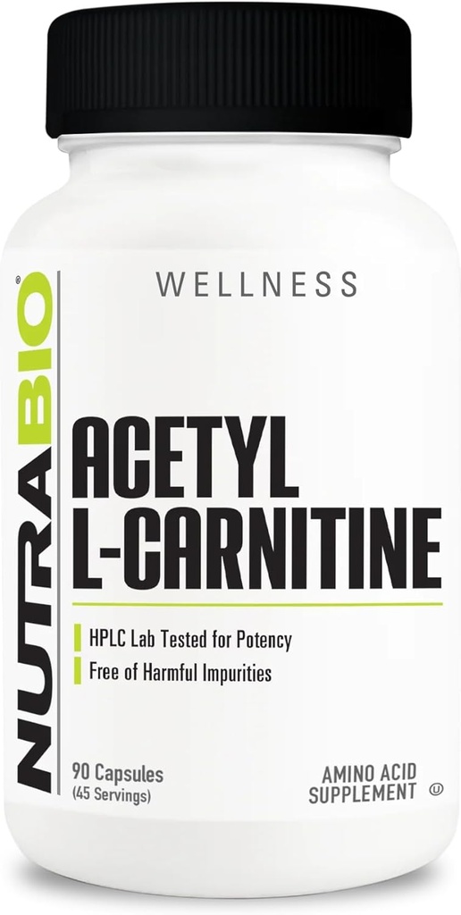 NutraBio Acetyl L-Carnitine (ALCAR) Допълнение, 500mg - Поддръжка на производството на естествена енергия, метаболитно управление и цялостно здраве, 90 капсули