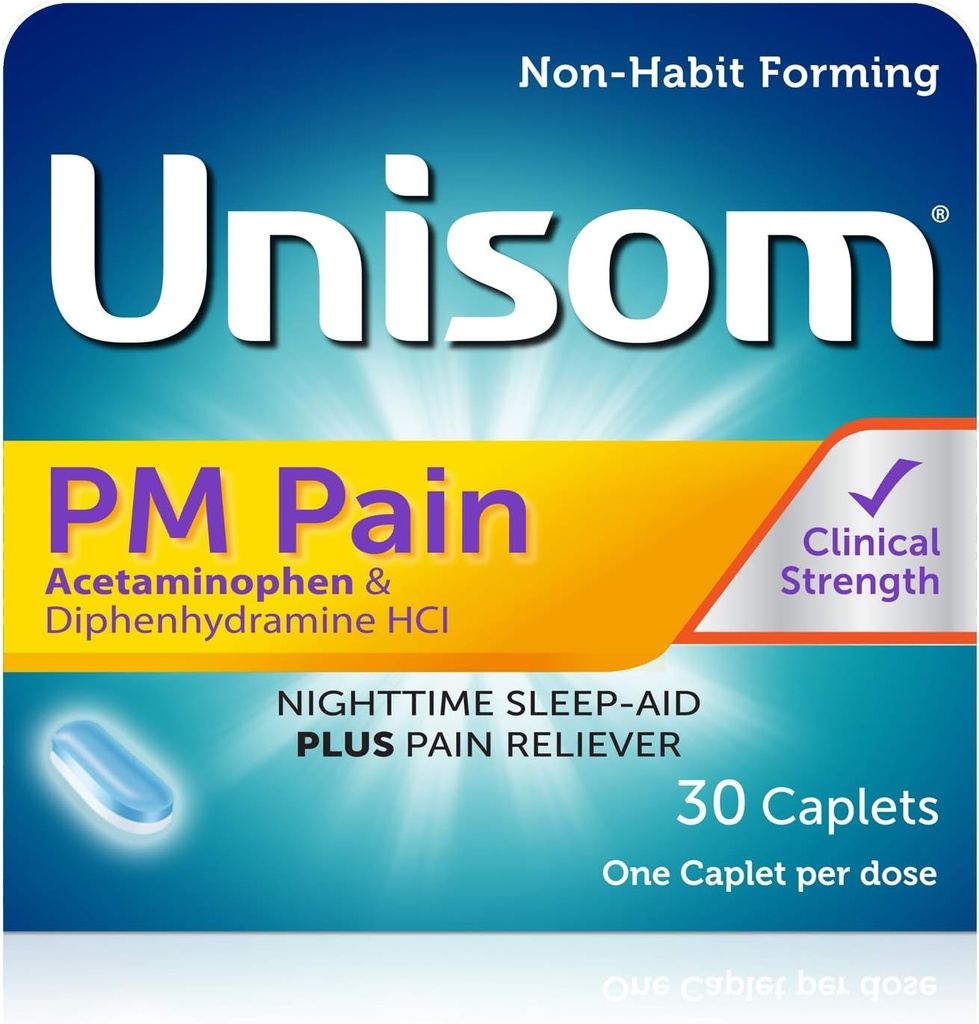 Unisom PM Pain Nighttime Sleep-aids + Pain Reliever, Acetaminofeno & Difenidramina HCI, 30 Caplets, 50mg