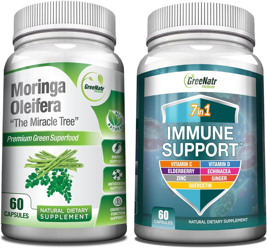 GreeNatr Energy Support & Immune Defense Bundle: Pure Moringa Oleifera Leaf Özü Veggie Capsules (1000 mq) 7in-1 Immune Support Energy, Mood, Memory, Focus