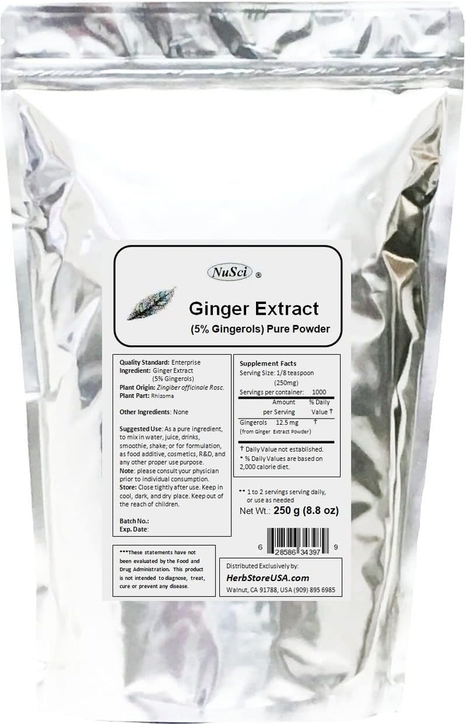 Ginger Root Extract 250g (8.8 oz) Powder Standardized 5% Gingerols, Support Digestive System