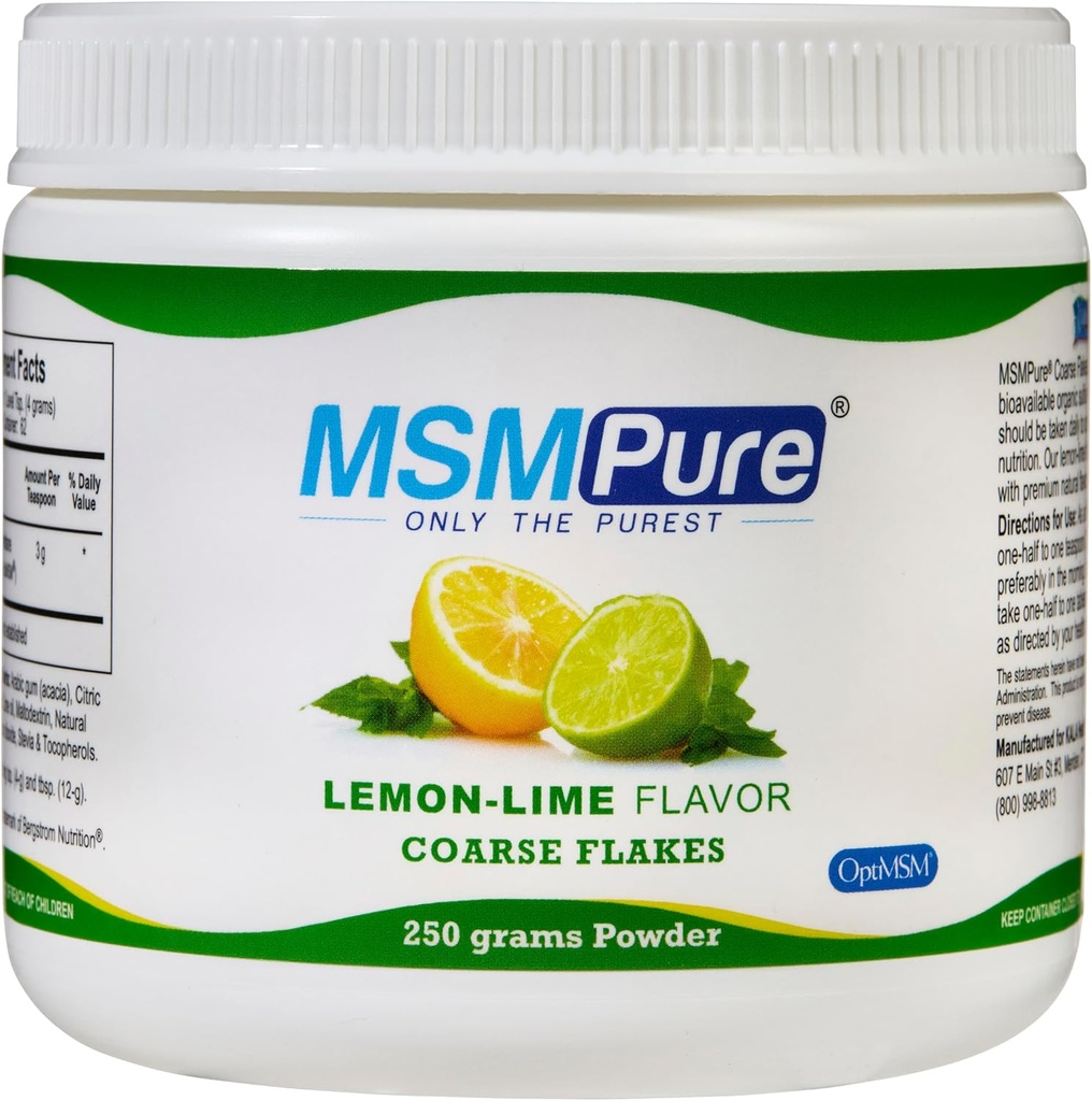 KALA HEALTH MSMPure Lemon Lime Flavored Coarse MSM Powder Flakes – Organic Sulfur for Joint Flexibility, Skin Appearance, and Hair ' Nail Support – 8.8 oz, USA Made, Distilled Crystals