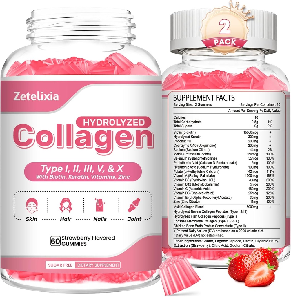 2 Qadınlar üçün Pack Collagen Gummies, Hidrolyzed Collagen Peptide Tip I,II,III,V,X Biotin ilə Biotin, Vitamin C A B D E üçün Skin Saç Nails J0ints, Immunity Energy Digestion, Sugar Free, 120 Count