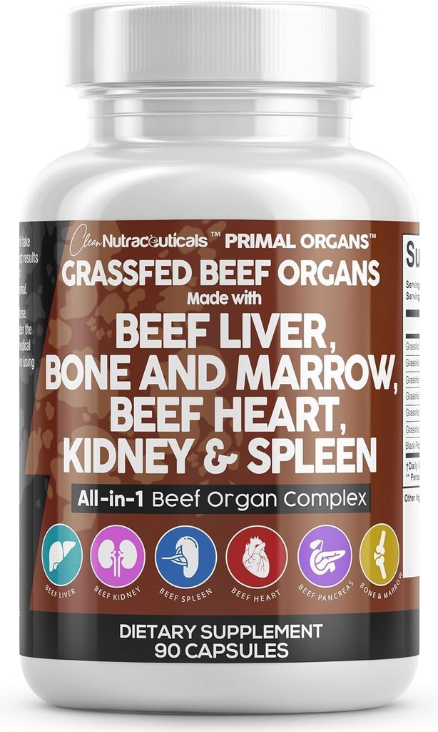 Clean Nutraceuticals Grass Fed Beef Liver Capsules - 프리미엄 품질 보충은 desiccated, Beef Heart, Spleen, Pancreas Plus Bone 및 Marrow Dao Enzyme 알약으로 포장