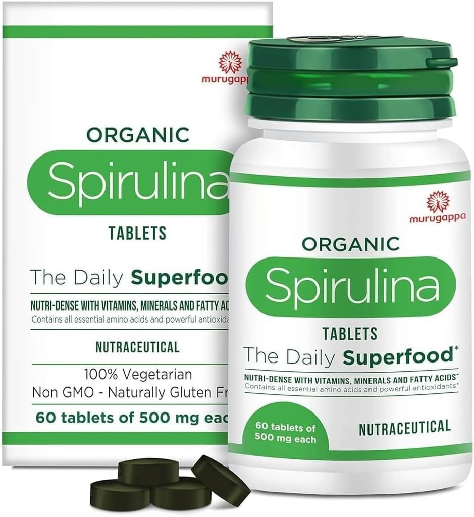 DURJA Organic Spirulina Tablets - 대부분의 Bio-Available Protein & Nutri-Dense Superfood | 면역력과 건강 보충교재 | Metabolism Booster | 100 % Vegan | 60 정제 (500mg 각)