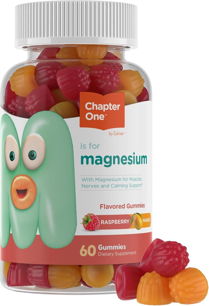 Chương 1 Magenium Gummies, Great Tasting Magnesium cho trẻ em, Bình tĩnh Kid Magnesium, Manesium Gummies cho phụ nữ và đàn ông, Raspberry và Mango Flavored, Certeized Kosher, (60 Flavored Gummies)