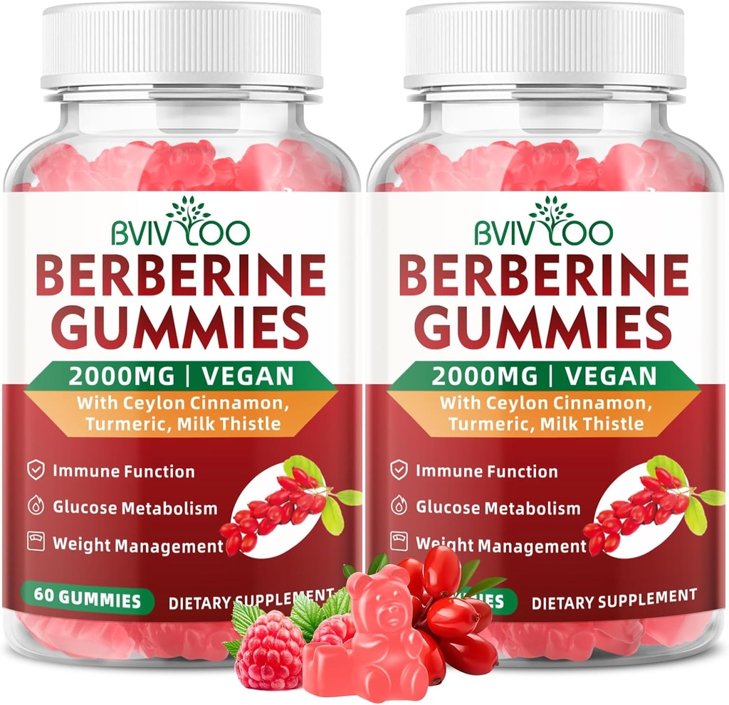 2 Pack Berberine Gummies, 2000mg High Potency Berberine HCI Supplemento, Plus Ceylon Cinnamon, cardo per le donne e gli uomini, sistema immunitario e supporto al metabolismo - 120 Gummies