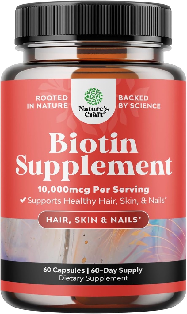 Naturas Craft 10000 mcg Pilulele Biotin pure pentru femei Bărbaţi - promovează mai gros şi mai plin par. Suplimentul natural pentru cresterea stralucitoare a parului gros - Capsule de vitamine vegetariane - Obtinerea clare unghii puternice pielii