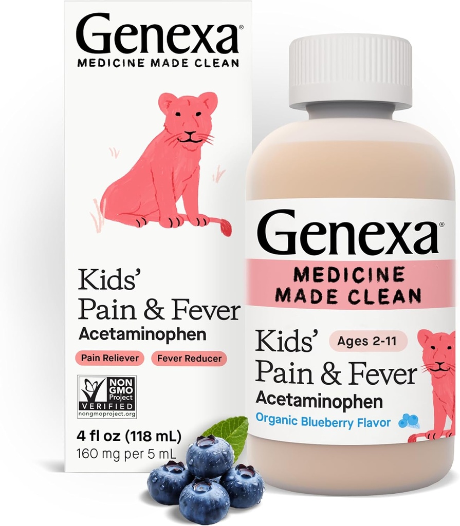 Genexa Kids' Acetaminophen 疼痛和发烧口服暂停药 - 4oz - 儿童2 - 11岁,暂时缓解疼痛和发烧症状,每5毫升160毫克 - 有机蓝莓火焰