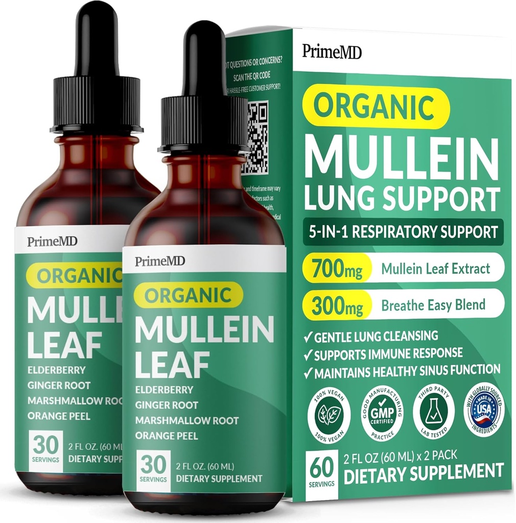 5-in-1 Mullein Drops til Lungs og Bronchial - Luftveje Lung Health Support med Mullen Leaf Extract til Lungs - Mullein Tincture med Elderberry, Echinacea og Ginger Root (60 Servere) (2-pack)