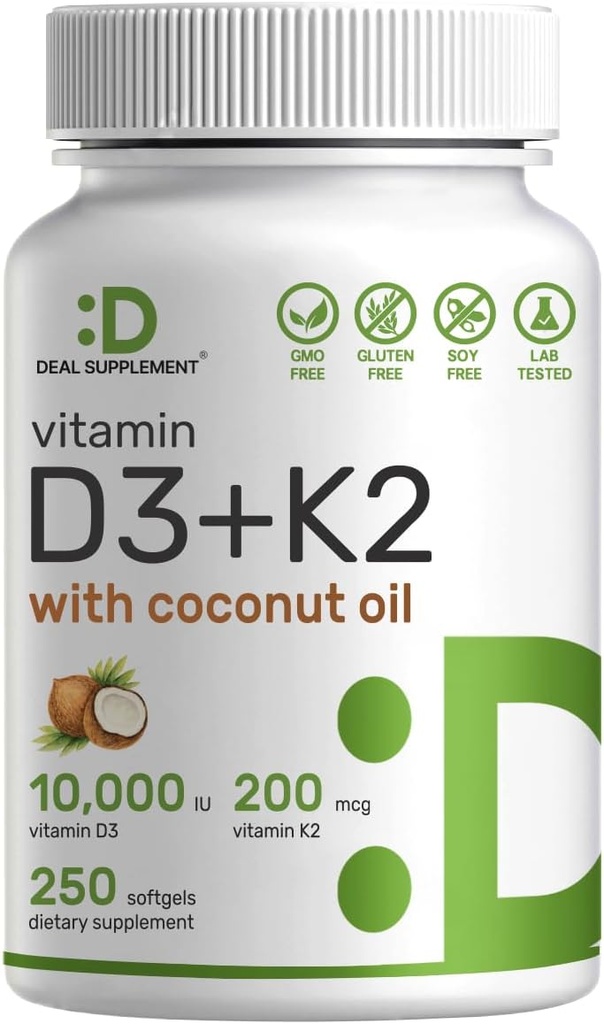 DEAL DOPOLNILO Vitamin D3 10.000 i.e. + K2 MK7 200mcg Softgels, 250 Count 