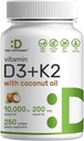 DEL 添加维生素 D3 10,000 IU + K2 MK7 200mcg 软胶 250 Counter QQ 2-in-1 配有 Virgin Coconut Oil → 支持心,骨,牙齿和免疫健康 * → 容易吞咽