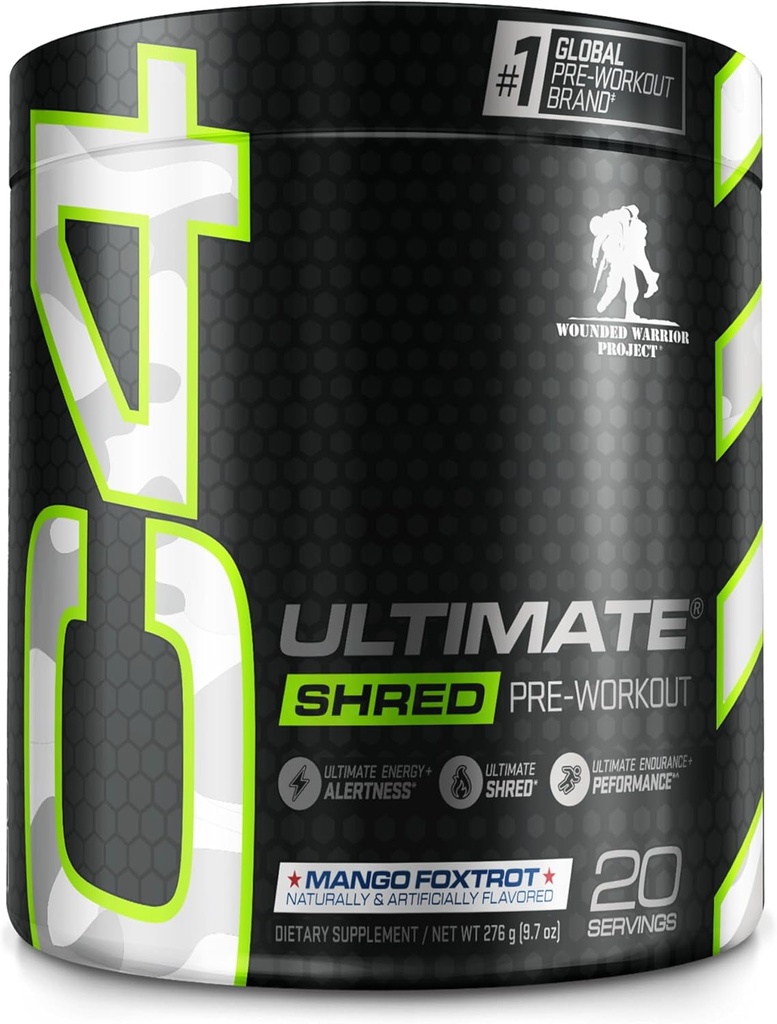 Cellucor C4 Ultimate Shred x såret Warrior Project Pre Workout Powder, Fat Burner for mænd og kvinder, vægttab supplement med Ginger Root Extract, Mango Foxtrot, 20 Servere (pakke med 1)