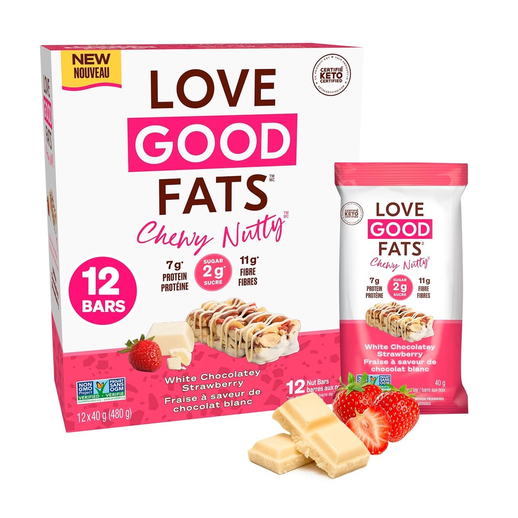 Love Good Fats Chewy Nutty White Chocolatey Strawberry Keto Bars - Low Carb Protein Snacks - 12 pack (1,59oz / 45g taberna bakoitzean)