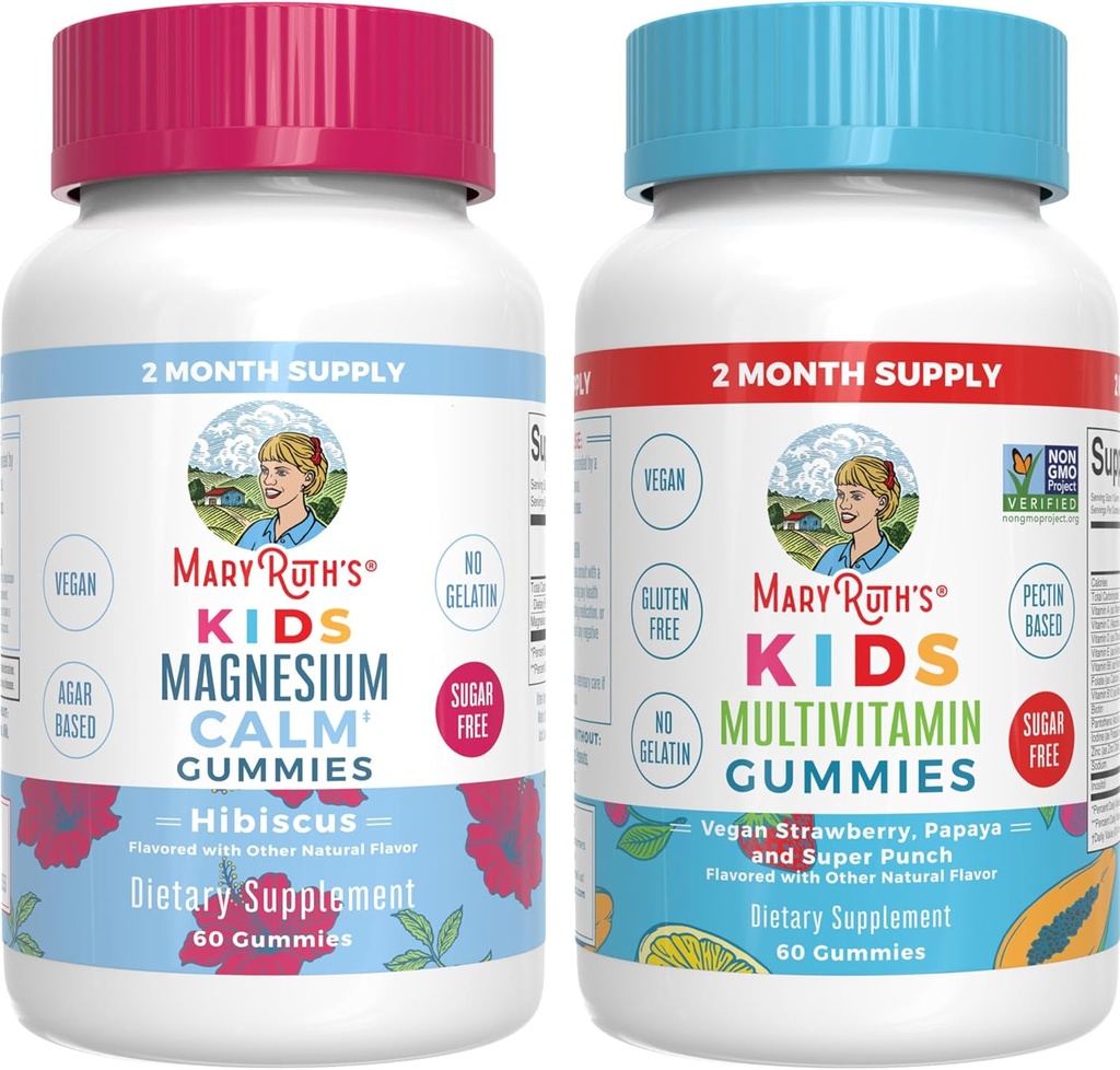 MaryRuth Organics Multivitamine (Strawberry) a Magnesium Calm Gummies (Hibiscus) pro děti 124; Clean Label Project Ověřené ® CLAS124; Vitamíny pro celkové wellness a spánek 124; Vegan, Non- GMO, gluten zdarma