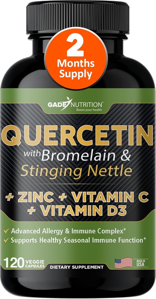 Quercetin koos C-vitamiini ja tsink - väike Quercetin - Quercetin 500mg - Quercetin koos Bromelain - tsink Quercetin + Vitamiin D3 - 120 Veggie kapslid - (GMO, Gluteenivaba, Vegan) - 2 kuu pakkumine