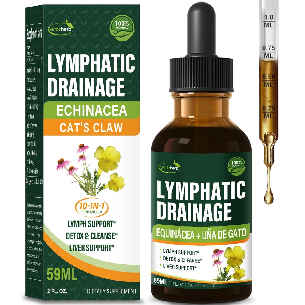 Lymphatic Drainage Drops with Echinacea Cleavers, 10-in-1 Herbal Blend for Lymph System Support w/Cats Claw Extract, Detox Cleanse Support Supplement for Daily Wellness, Non-GMO, 2 oz