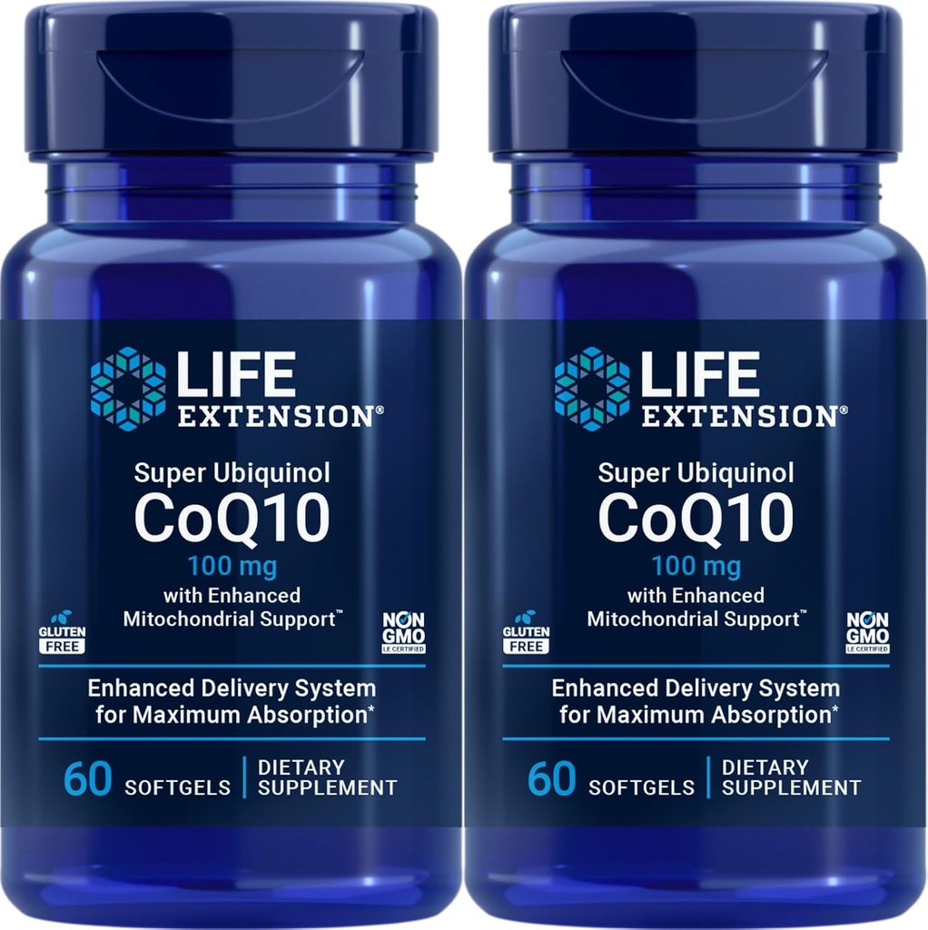 Продление жизни Super Ubiquinol CoQ10 с улучшенной митохондриальной поддержкой 100 мг, 60 мягких гелей (пакет 2)