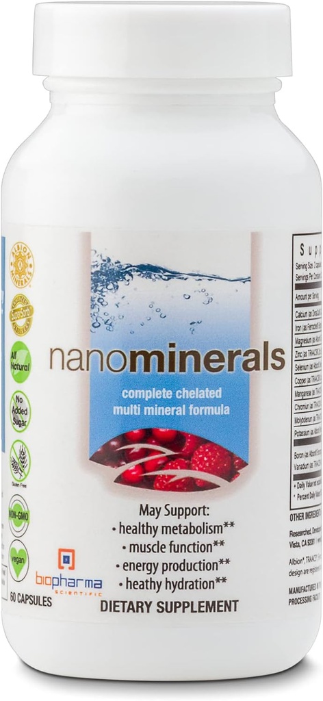 Biopharma Scientific NanoMinerals | Complete Chelated Multi-Mineral קפסולות | Calcium, Magnesium, Zinc, Iron, Potassium, Copper, Chromium & More | 30 משרתים