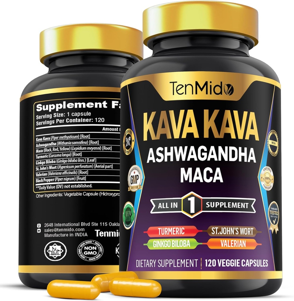 Kava Kava Root Supplement - 8in1 Formula - Комбінація з Ashwagandha, Maca, Турмерік, Ginkgo Biloba, St. John's Wort, Valerian & Black Pepper - 120 Vegan Капсули, 4 місяці постачання