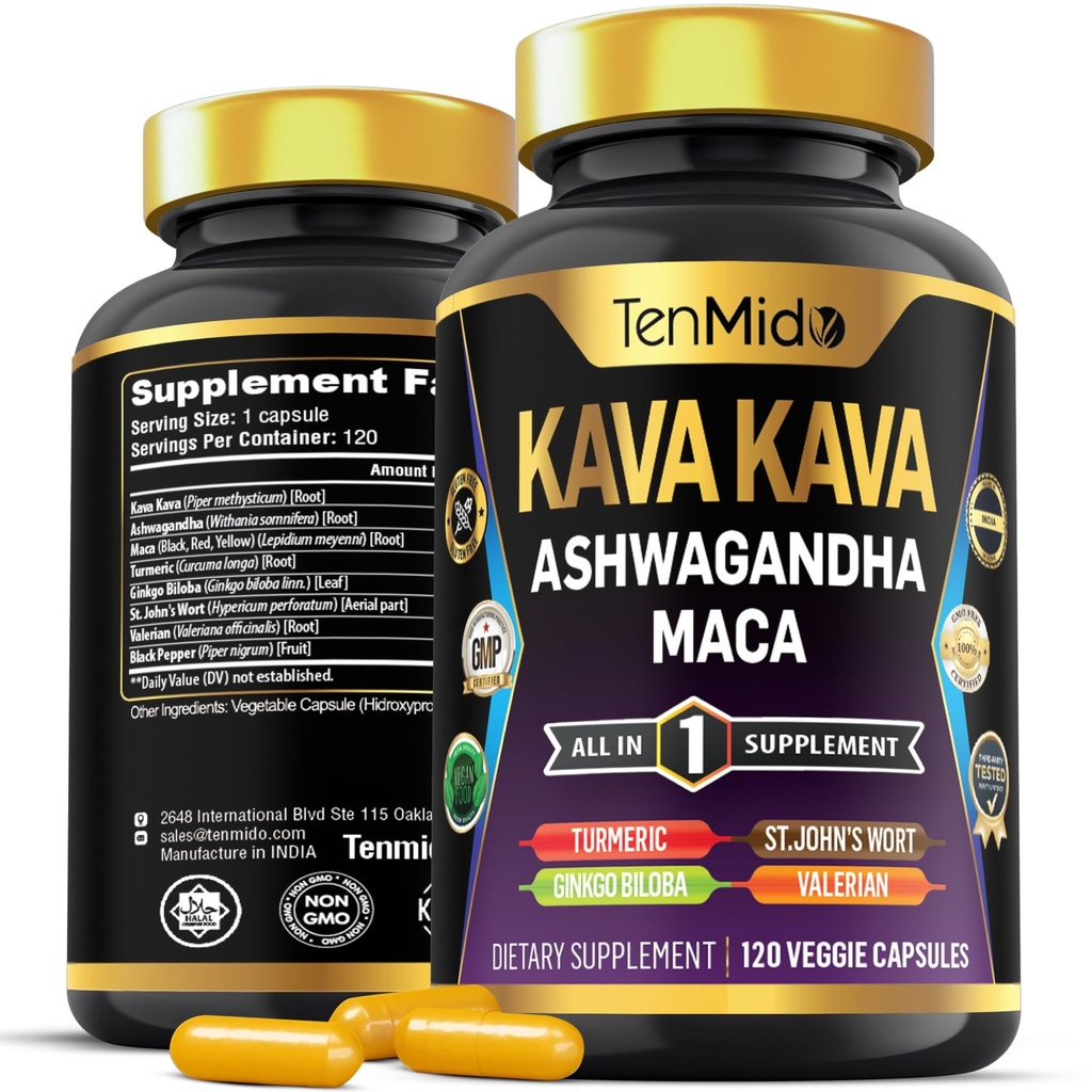 Kava Kava Root Supplement - 8in1 Formula - Combine with Ashwagandha, Maca, Turmeric, Ginkgo Biloba, St. John's Wort, Valerian & Black Pepper - 120 Vegan Capsules, 4 Months Supply