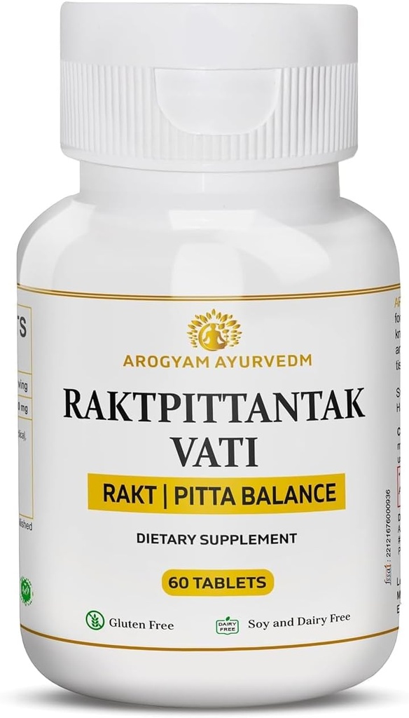 AROGYAM AYURVEDM RAKATPITTANTAK VATI do Dr. Pushp para equilíbrio Pitta, purificador de sangue- Pack de 60 comprimidos