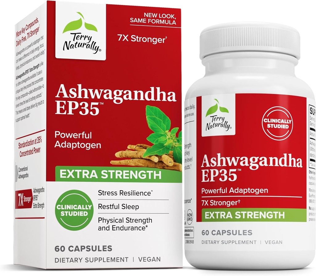 Terry Naturally Ashwagandha EP35 Extra Strength - Kräuterergänzung für Schlafunterstützung - Aid Healthy Stress Response - Endurance & Energy Support - 60 Kapseln (60 Servietten)