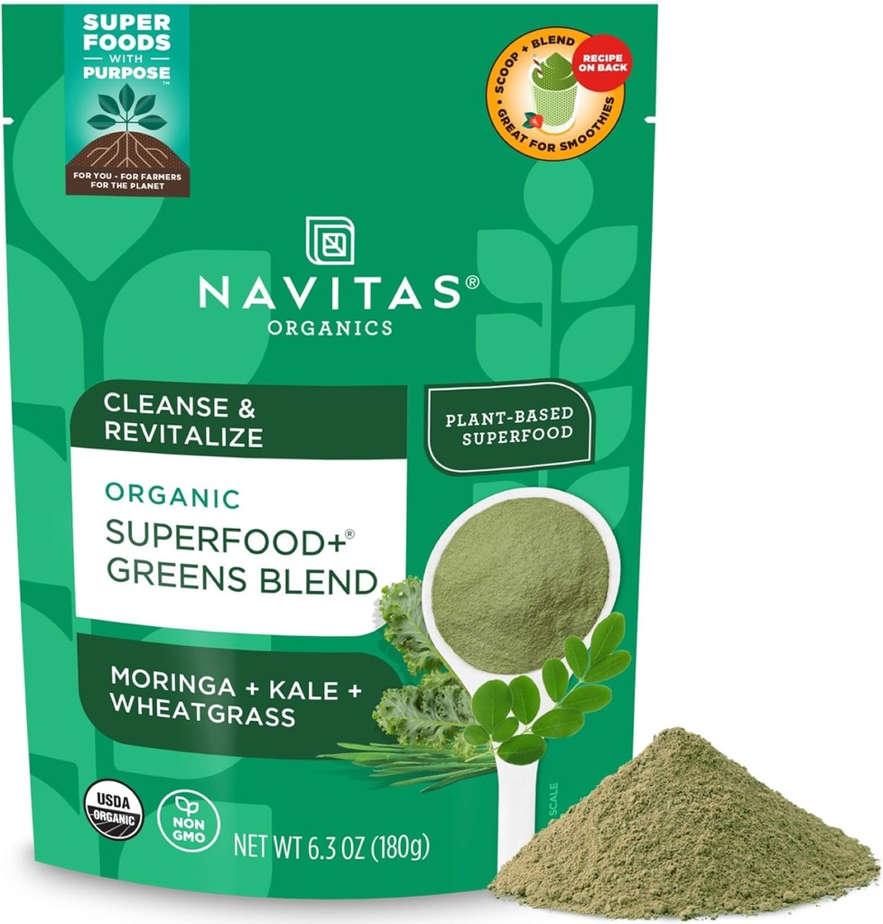 Navitas Organics Superfood+ Greens Blend for Detox Support (Moringa + Kale + kviešu zāle), 6.3oz Bag, 30 Servējumi – Organic, Non-GMO, Vegan, Gluten-Free, Keto & Paleo....