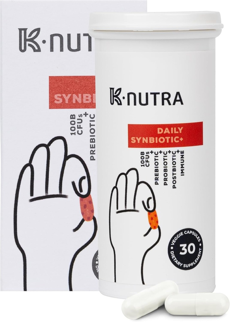 K-Nutra Daily Synbiotic + | 30 Capsules | 4in-1 Prebióticos, Probióticos e postbióticos | 100 Billion CFUs | Gut & Digestive Health Supplement for Women & Men