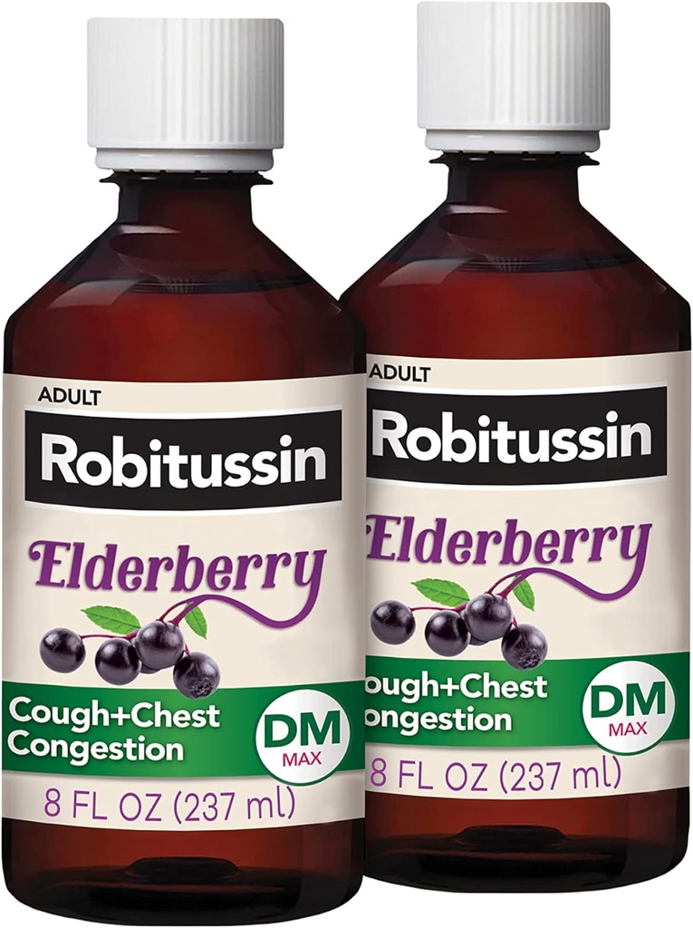 Robitussin Maximum Strength Elderberry Cough Plus Chest Congestion DM, Cough Suppressant for Adults, Providing Non Drowsy Liquid Cough and Chest Congestion Relief - 2x8 Fl Oz