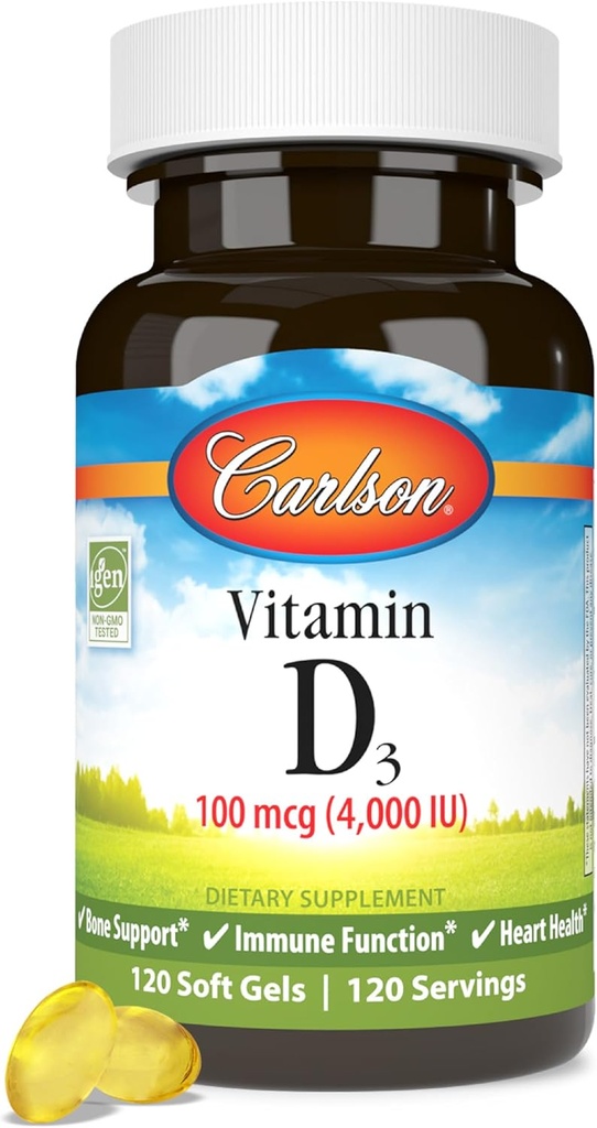 Carlson - Vitamina D3, 4000 UI (100 mcg), Suplementos de vitamina D, Saúde Óssea e Imune, Suplemento de colecalciferol, Cápsulas de vitamina D sem glúten, 120 Softgels
