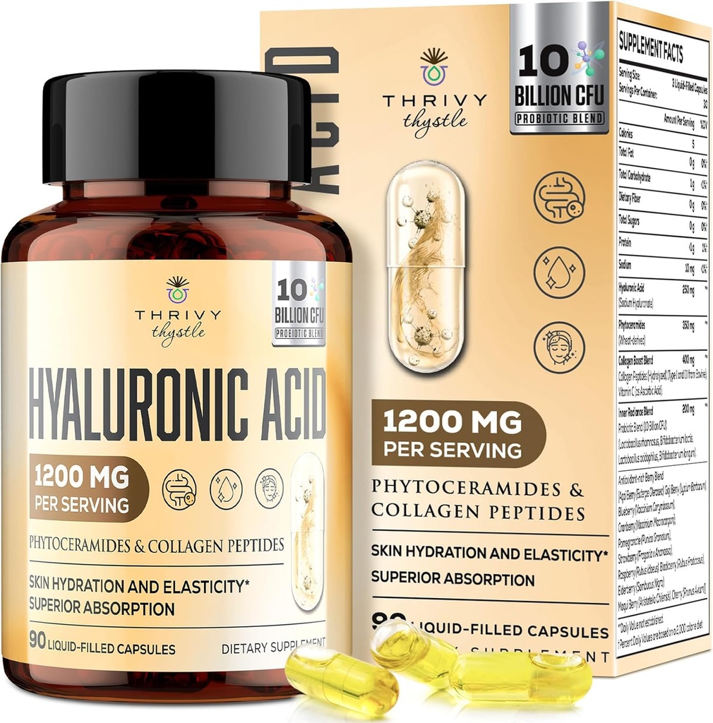 19-em-1 Cápsulas de Ácido Hialurônico - Ácido Hiluranico 1200 mg, com Colágeno Peptídeos, Vitamina C, Fitoceramidas - para a pele, olhos, gastrointestinal, Apoio ósseo (1 embalagem)